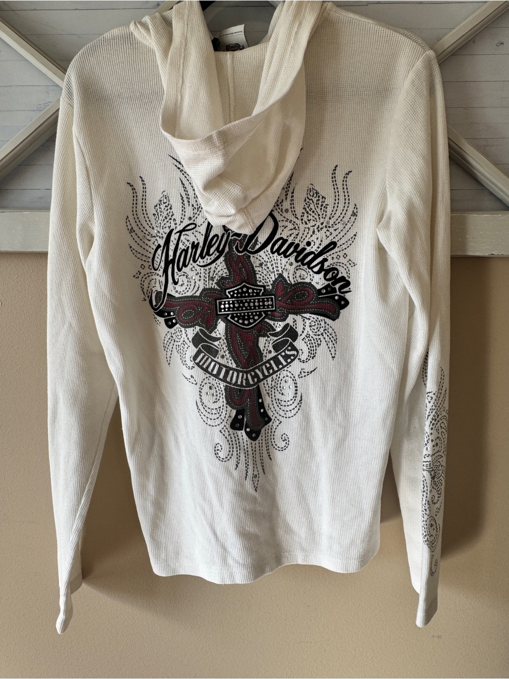 Harley Davidson Hooded Waffle Knit Henley Shirt Womens XL White Long Sleeve Y2k
